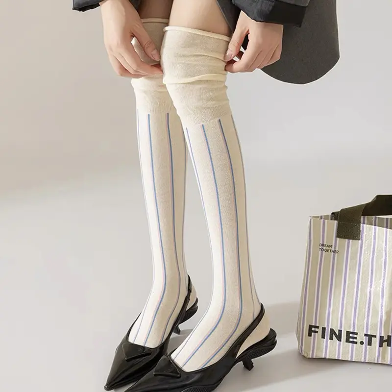 Fashion Vertical Stripe Stockings for Women Autumn Winter Color Block Loose Long Socks Girl Tight Calf Socks