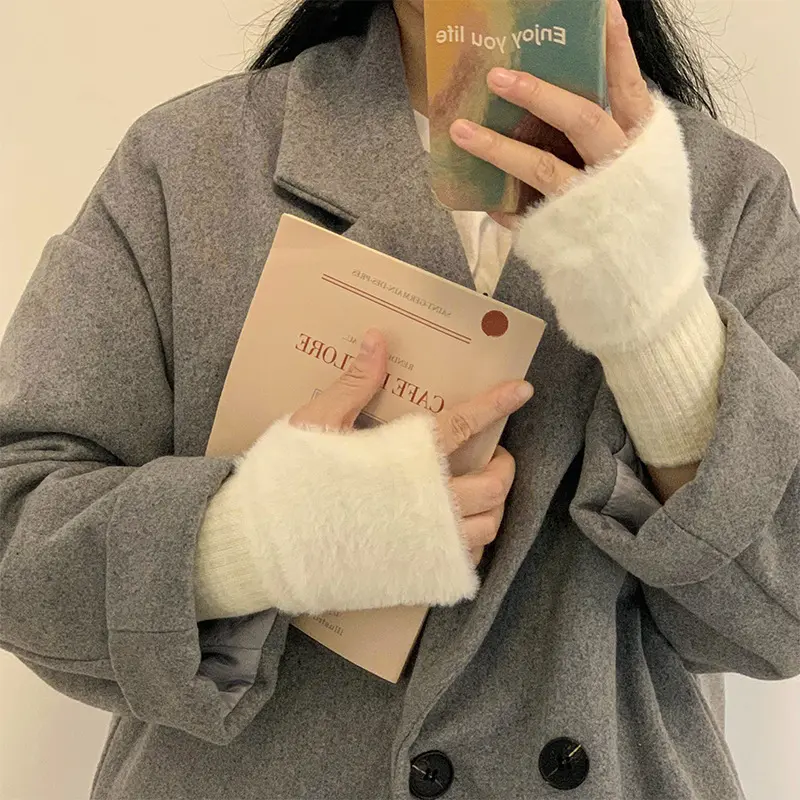 Winter Plush Gloves for Women Solid Color Thicken Faux Fur Warm Half Finger Long Mittens Korean Girl Anti-Cold Fingerless Gloves