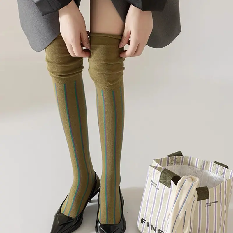 Fashion Vertical Stripe Stockings for Women Autumn Winter Color Block Loose Long Socks Girl Tight Calf Socks