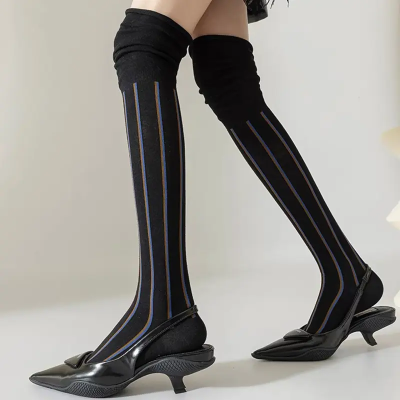 Fashion Vertical Stripe Stockings for Women Autumn Winter Color Block Loose Long Socks Girl Tight Calf Socks