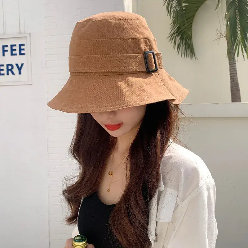Japanese Solid Color Fisherman Caps for Women Wide Brim Thin Cotton Bucket Hats Travel Beach UV Protection Basin Caps