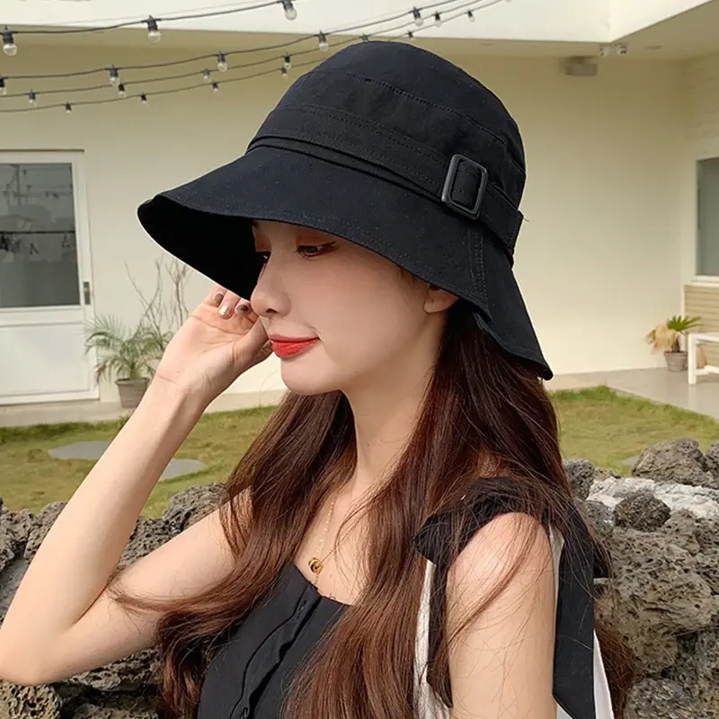 Japanese Solid Color Fisherman Caps for Women Wide Brim Thin Cotton Bucket Hats Travel Beach UV Protection Basin Caps