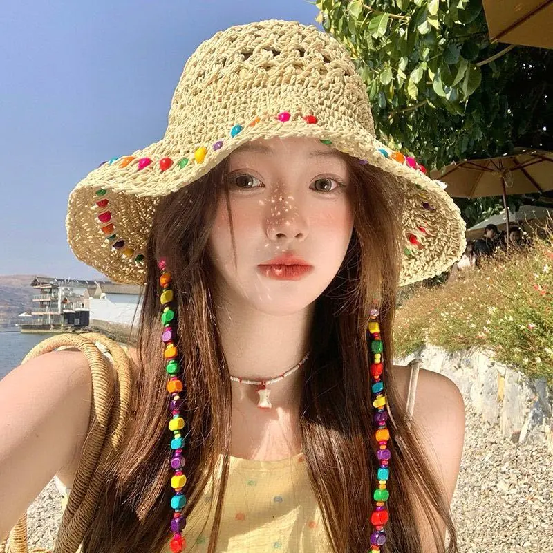 Colorful Wooden Beads Straw Hats for Women Summer Hollow Breathable Panama Hats Wide Brim Beach Lady Sunscreen Caps