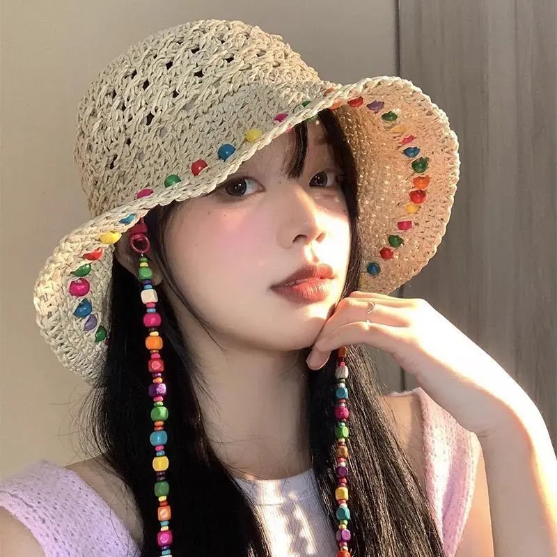 Colorful Wooden Beads Straw Hats for Women Summer Hollow Breathable Panama Hats Wide Brim Beach Lady Sunscreen Caps