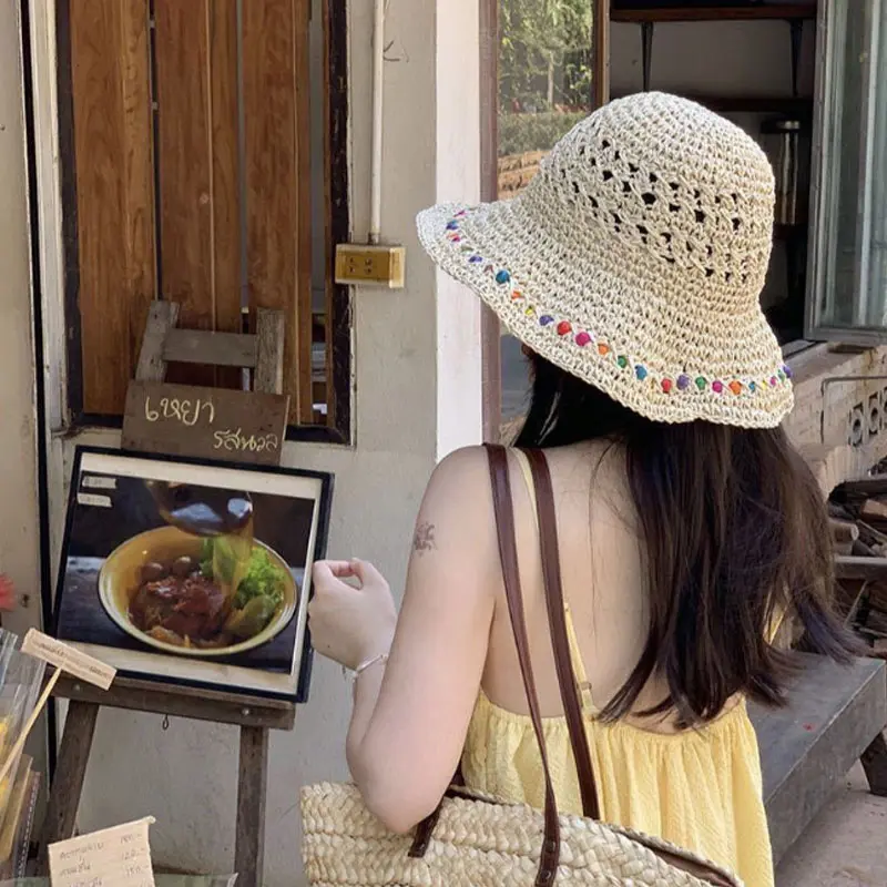 Colorful Wooden Beads Straw Hats for Women Summer Hollow Breathable Panama Hats Wide Brim Beach Lady Sunscreen Caps