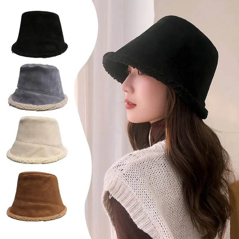 Autumn Winter Lamb Fleece Bucket Hats for Women Solid Color Plush Warm Fisherman Caps Outdoor Thicken Windproof Basin Caps