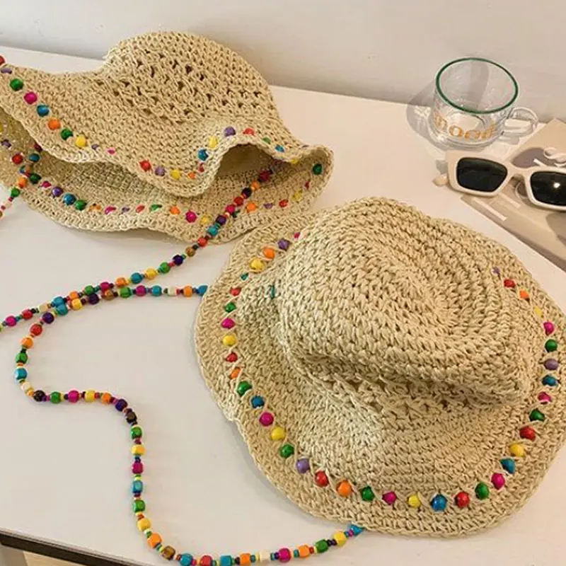 Colorful Wooden Beads Straw Hats for Women Summer Hollow Breathable Panama Hats Wide Brim Beach Lady Sunscreen Caps
