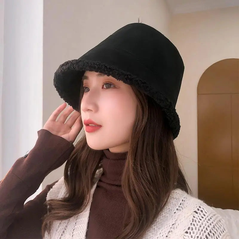 Autumn Winter Lamb Fleece Bucket Hats for Women Solid Color Plush Warm Fisherman Caps Outdoor Thicken Windproof Basin Caps