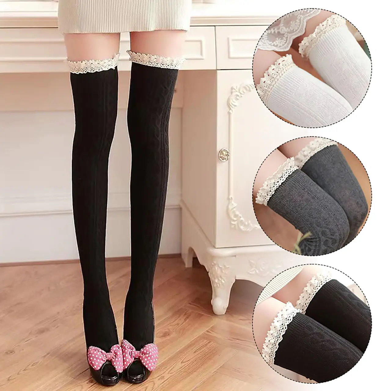 Japanese Lace Ruffle Stockings for Women Autumn Knitting Warm over Knee High Socks JK Lolita Girl Solid Color Long Socks