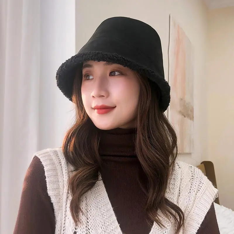 Autumn Winter Lamb Fleece Bucket Hats for Women Solid Color Plush Warm Fisherman Caps Outdoor Thicken Windproof Basin Caps