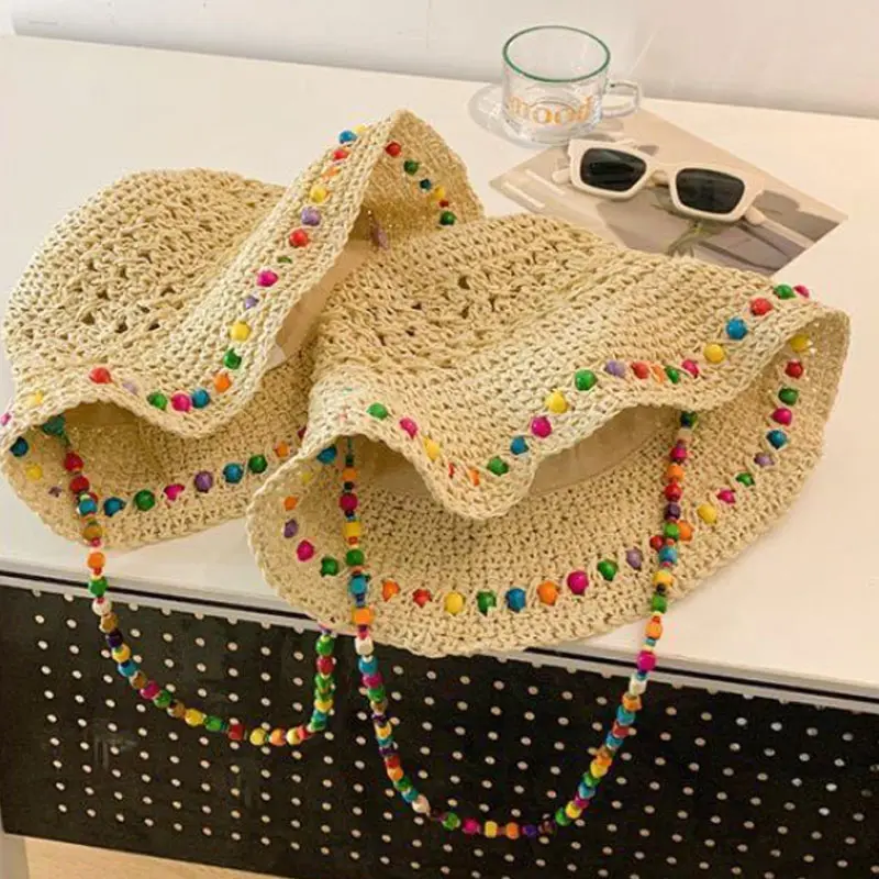 Colorful Wooden Beads Straw Hats for Women Summer Hollow Breathable Panama Hats Wide Brim Beach Lady Sunscreen Caps