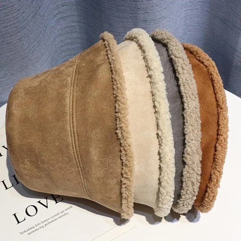 Autumn Winter Lamb Fleece Bucket Hats for Women Solid Color Plush Warm Fisherman Caps Outdoor Thicken Windproof Basin Caps