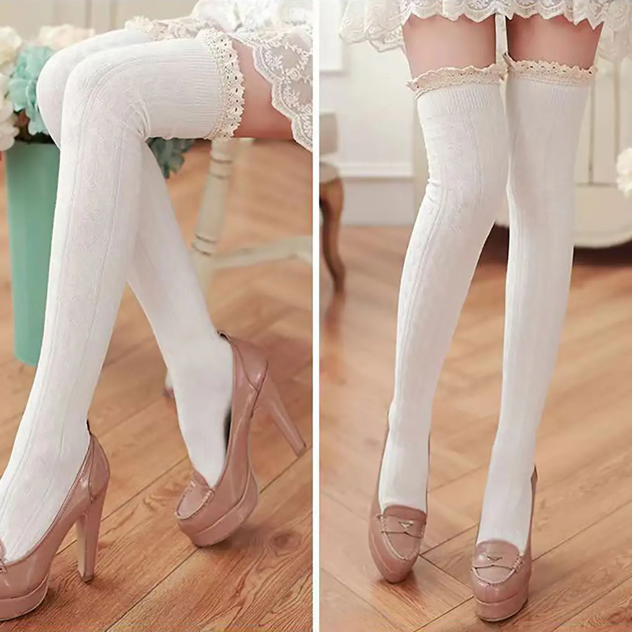 Japanese Lace Ruffle Stockings for Women Autumn Knitting Warm over Knee High Socks JK Lolita Girl Solid Color Long Socks