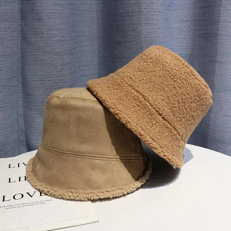 Autumn Winter Lamb Fleece Bucket Hats for Women Solid Color Plush Warm Fisherman Caps Outdoor Thicken Windproof Basin Caps