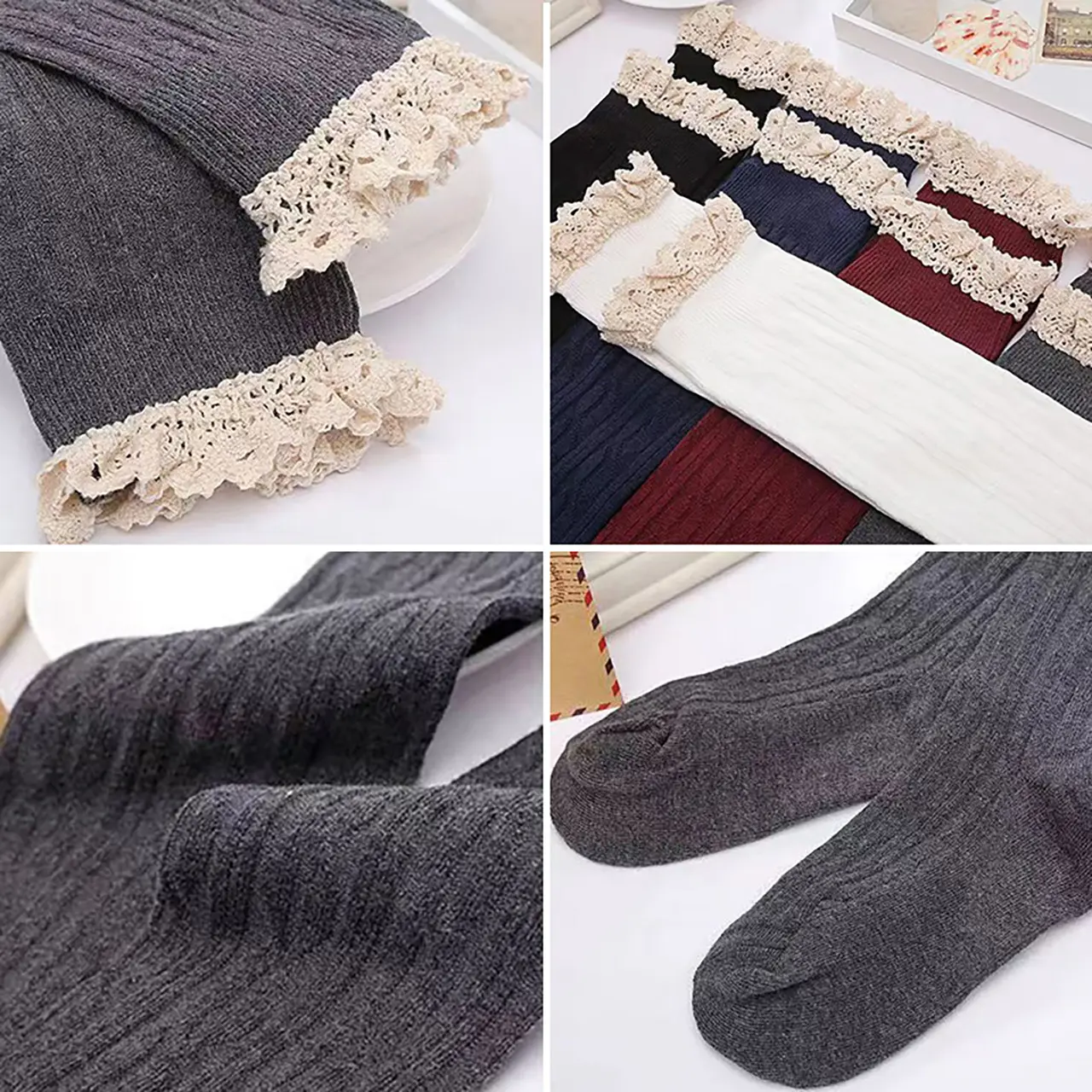 Japanese Lace Ruffle Stockings for Women Autumn Knitting Warm over Knee High Socks JK Lolita Girl Solid Color Long Socks