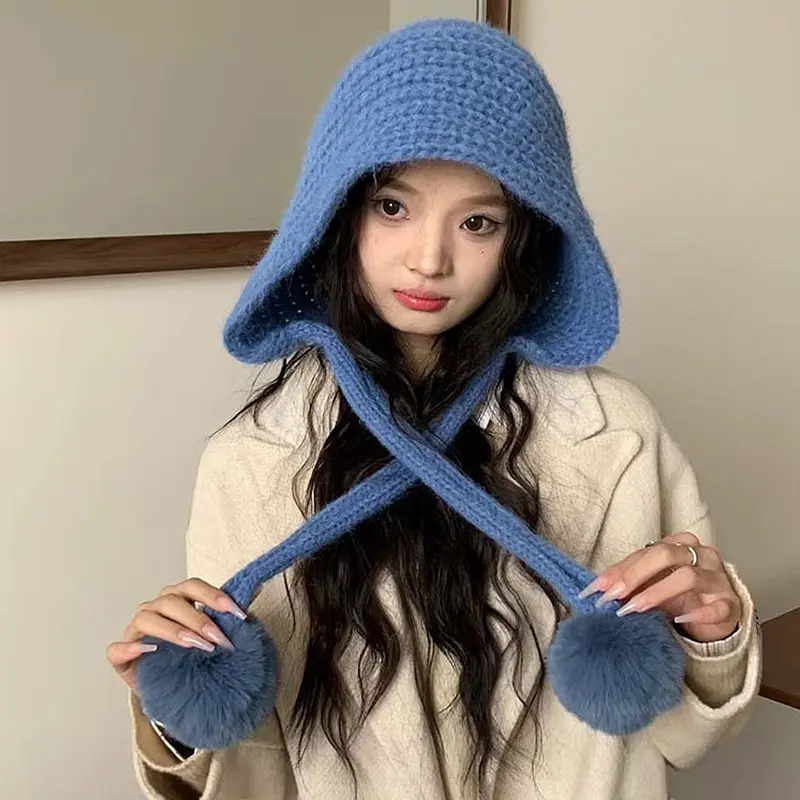 Winter Knitted Woolen Ear Protection Hats for Women Cute Pompom Warm Bomber Hats Outdoor Girl Windproof Bonnet Caps