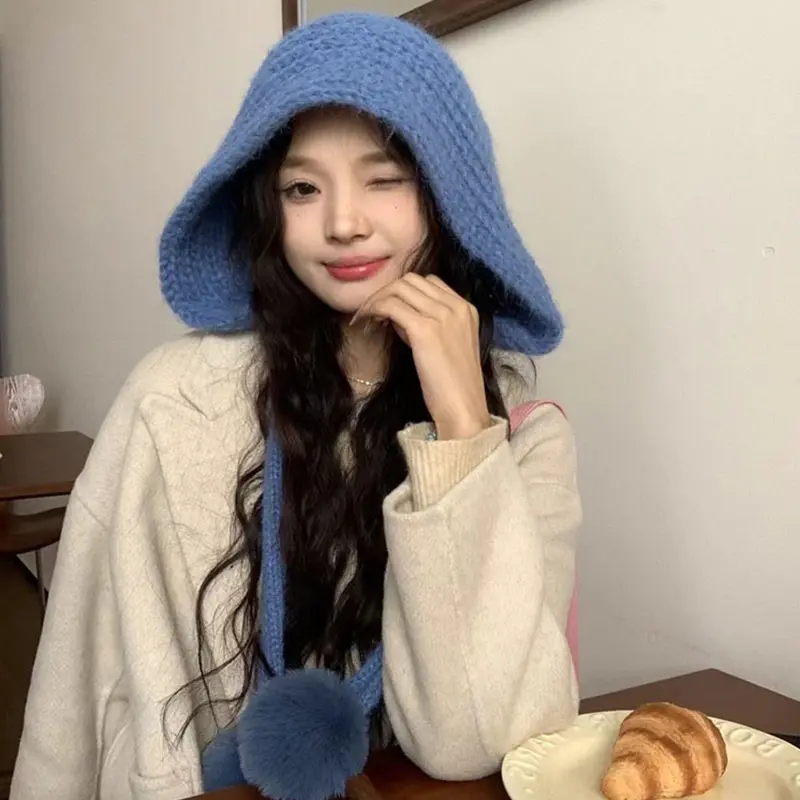 Winter Knitted Woolen Ear Protection Hats for Women Cute Pompom Warm Bomber Hats Outdoor Girl Windproof Bonnet Caps