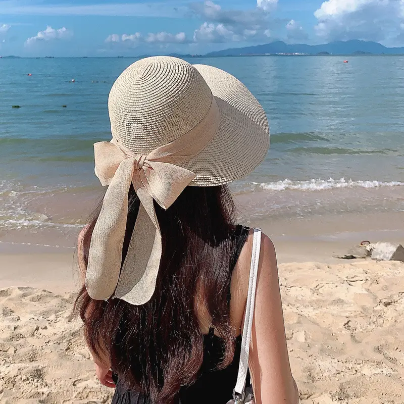 Summer Straw Hat Women Korean Bow Ribbon Big-brim Visor Cap for Female Raffia Hats Outdoor Beach Sunscreen Panama Sun Hats