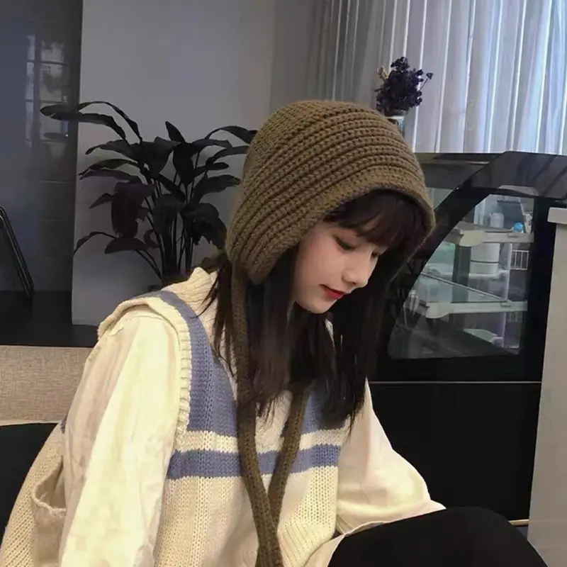 Winter Knitted Woolen Ear Protection Hats for Women Cute Pompom Warm Bomber Hats Outdoor Girl Windproof Bonnet Caps