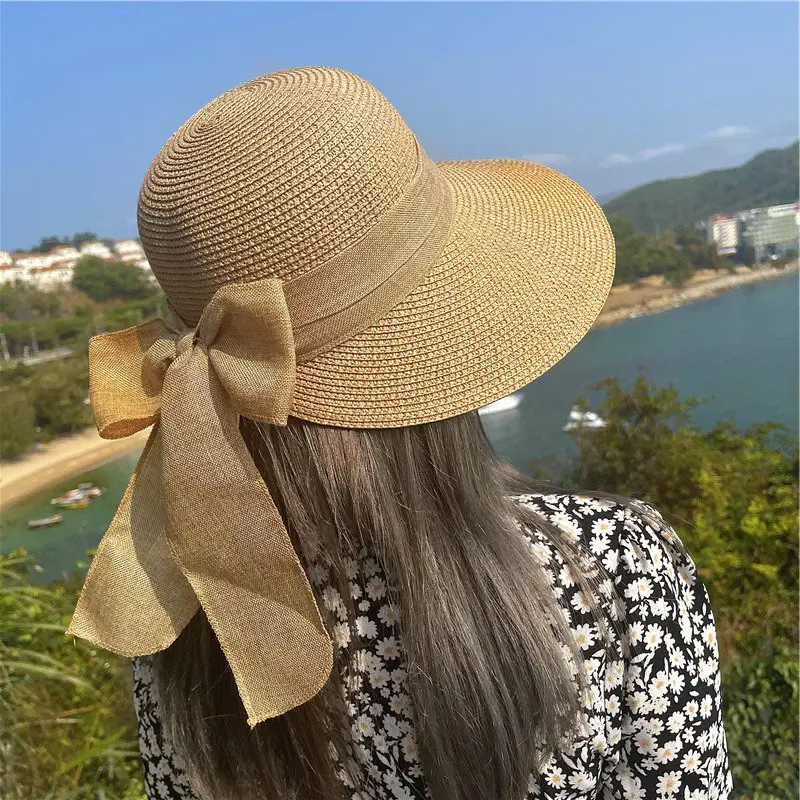 Summer Straw Hat Women Korean Bow Ribbon Big-brim Visor Cap for Female Raffia Hats Outdoor Beach Sunscreen Panama Sun Hats