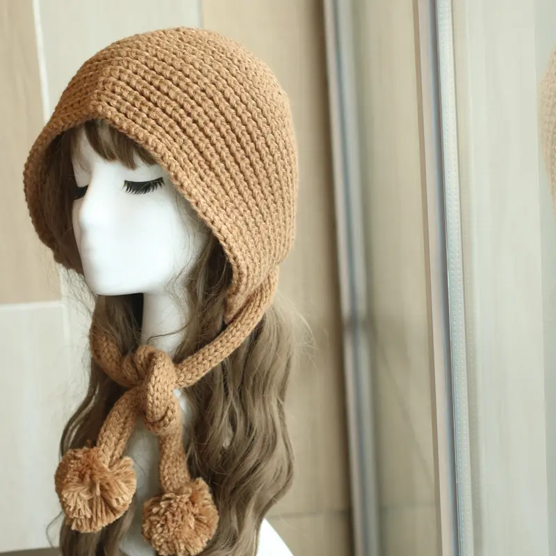 Winter Knitted Woolen Ear Protection Hats for Women Cute Pompom Warm Bomber Hats Outdoor Girl Windproof Bonnet Caps