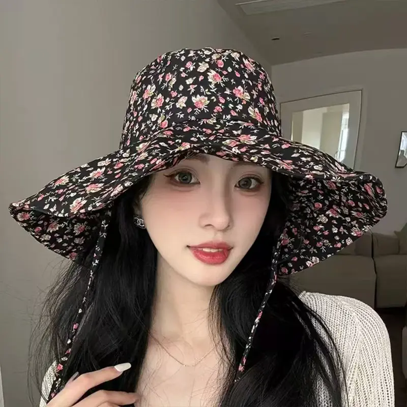 Floral Print Fisherman Caps for Women Summer Wide Brim Lacing Bucket Hats Korean Girl Travel Beach Sunscreen Basin Caps