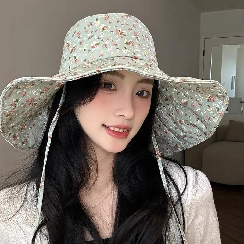 Floral Print Fisherman Caps for Women Summer Wide Brim Lacing Bucket Hats Korean Girl Travel Beach Sunscreen Basin Caps
