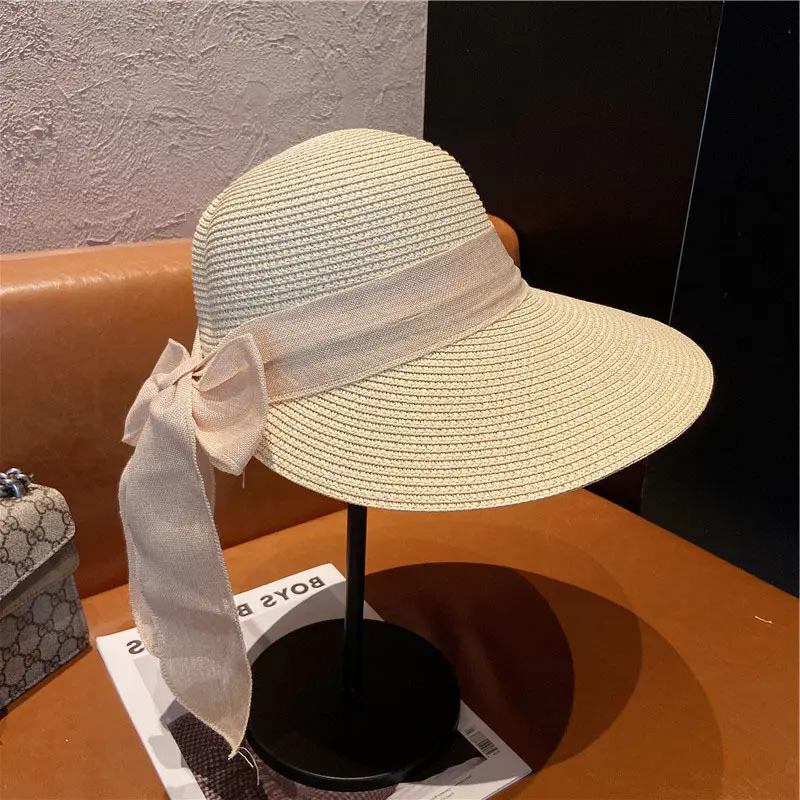 Summer Straw Hat Women Korean Bow Ribbon Big-brim Visor Cap for Female Raffia Hats Outdoor Beach Sunscreen Panama Sun Hats