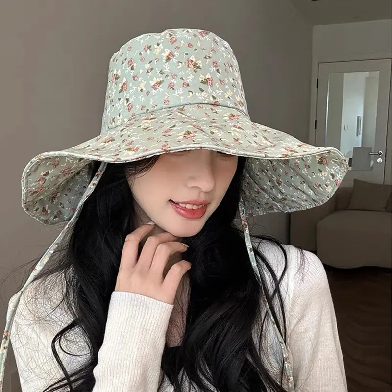 Floral Print Fisherman Caps for Women Summer Wide Brim Lacing Bucket Hats Korean Girl Travel Beach Sunscreen Basin Caps