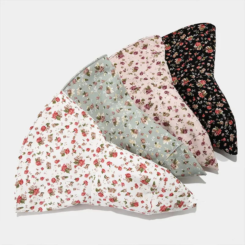Floral Print Fisherman Caps for Women Summer Wide Brim Lacing Bucket Hats Korean Girl Travel Beach Sunscreen Basin Caps