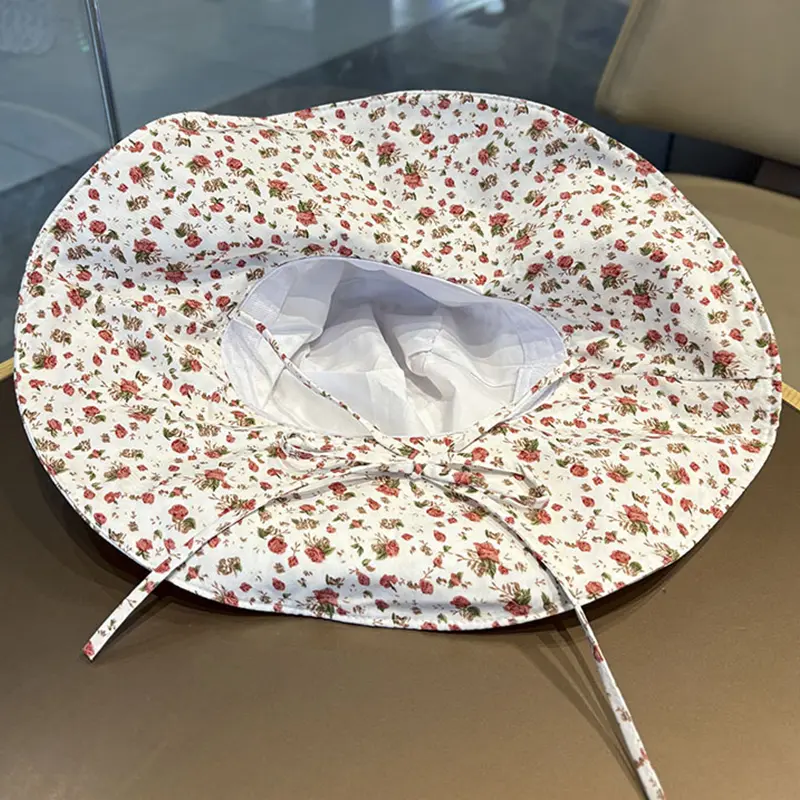 Floral Print Fisherman Caps for Women Summer Wide Brim Lacing Bucket Hats Korean Girl Travel Beach Sunscreen Basin Caps
