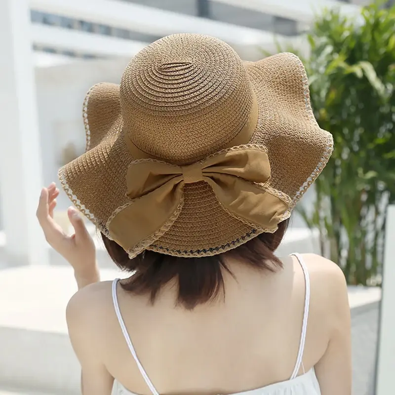 Large Bow Women Straw Hats Summer Wide Brim Outdoor Sunshade Bucket Hats Travel Beach Lady UV Protection Caps