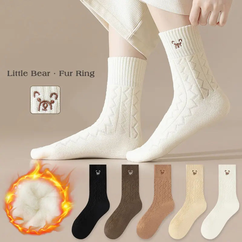Solid Color Warm Terry Socks for Women Autumn Winter Thicken Plush Middle Tube Socks Home Floor Long Socks Girl Footwear