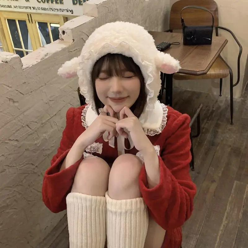 Cute Sheep Ear Winter Warm Hats for Women Thick Lamb Fleece Anti-Cold Ear Protection Hats Outdoor Windproof Girl Earmuff Caps