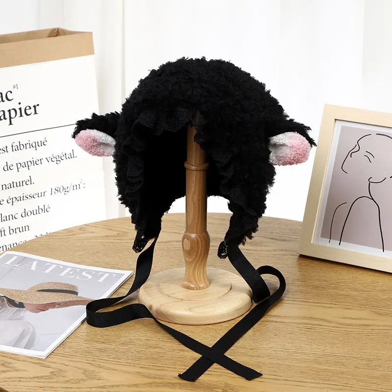 Cute Sheep Ear Winter Warm Hats for Women Thick Lamb Fleece Anti-Cold Ear Protection Hats Outdoor Windproof Girl Earmuff Caps