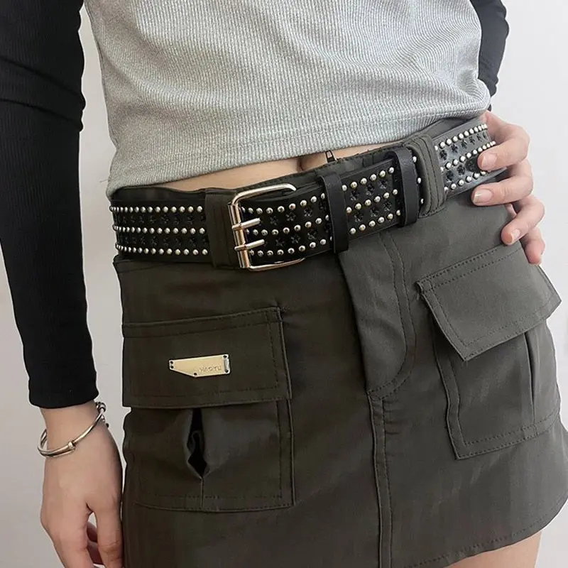 Punk Rivet Belt for Women Goth Rock Wild Black PU Leather Waistband Lady Female  Jeans Decoration Waist Strap