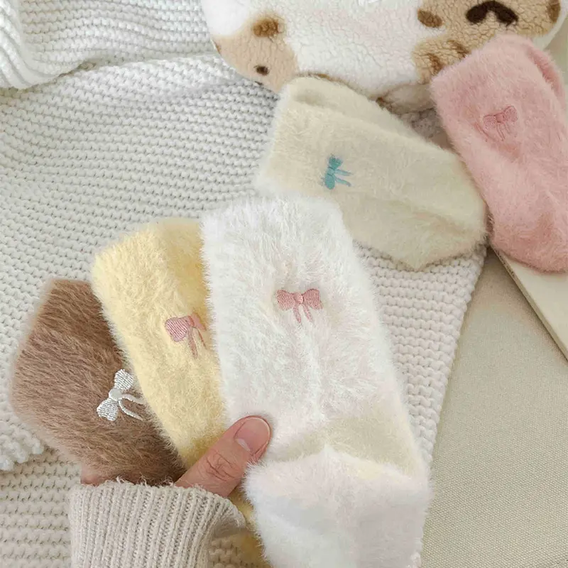 Mink Fur Women Socks Korean Cute Bow Thick Velvet Warm Middle Tube Socks for Girl Anti-Cold Indoor Floor Socks
