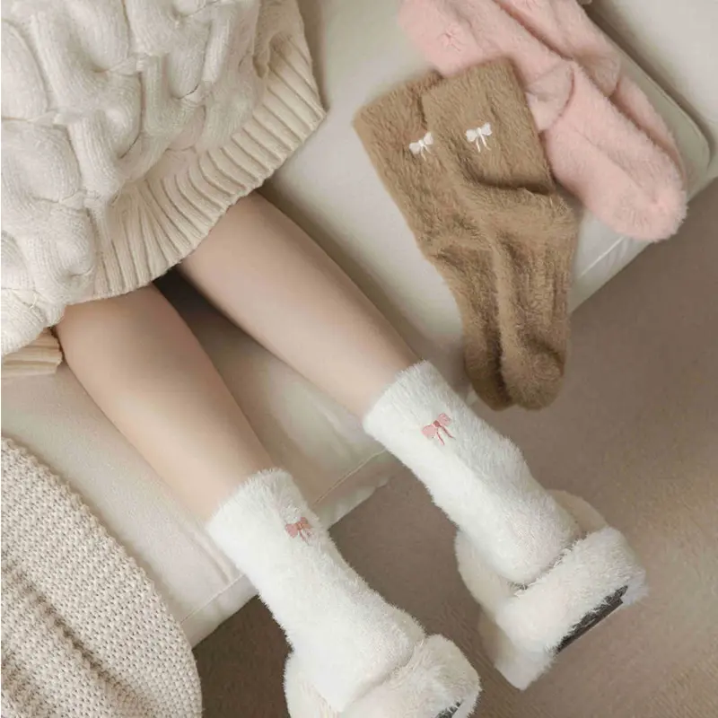 Mink Fur Women Socks Korean Cute Bow Thick Velvet Warm Middle Tube Socks for Girl Anti-Cold Indoor Floor Socks