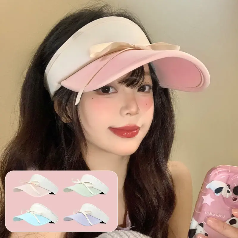 Wide Brim Sunshade Hats for Women Ribbon Bow Summer Empty Top Sun Hats Sweet Girl Beach Anti-UV Peaked Hats