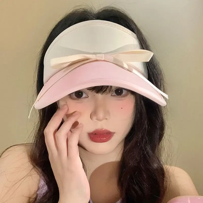 Wide Brim Sunshade Hats for Women Ribbon Bow Summer Empty Top Sun Hats Sweet Girl Beach Anti-UV Peaked Hats