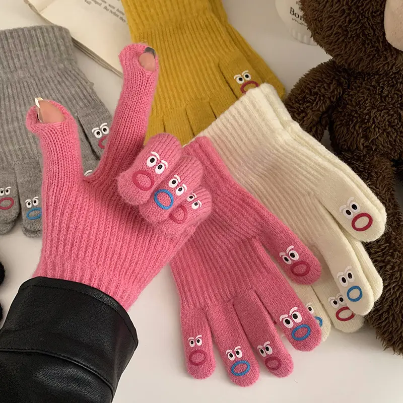 Cute Cartoon Knitted Gloves for Women Funny Finger Exposed Mittens Winter Girl Cycling Warm Hand Covers