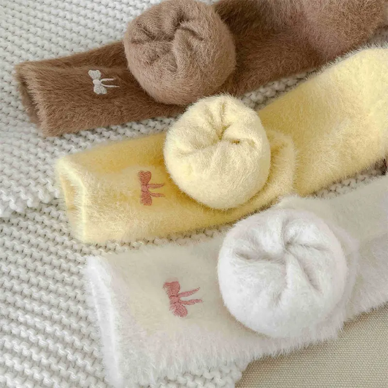 Mink Fur Women Socks Korean Cute Bow Thick Velvet Warm Middle Tube Socks for Girl Anti-Cold Indoor Floor Socks