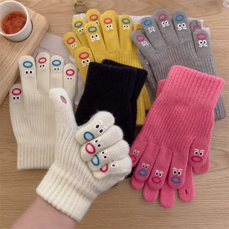 Cute Cartoon Knitted Gloves for Women Funny Finger Exposed Mittens Winter Girl Cycling Warm Hand Covers
