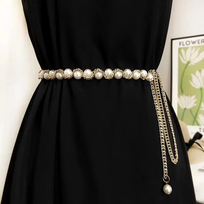 Elegant Pearl Metal Waist Chain for Women Fashion Woven Thin Adjustable Waistbands Lady Dress Sweater Decorative Straps Girdle