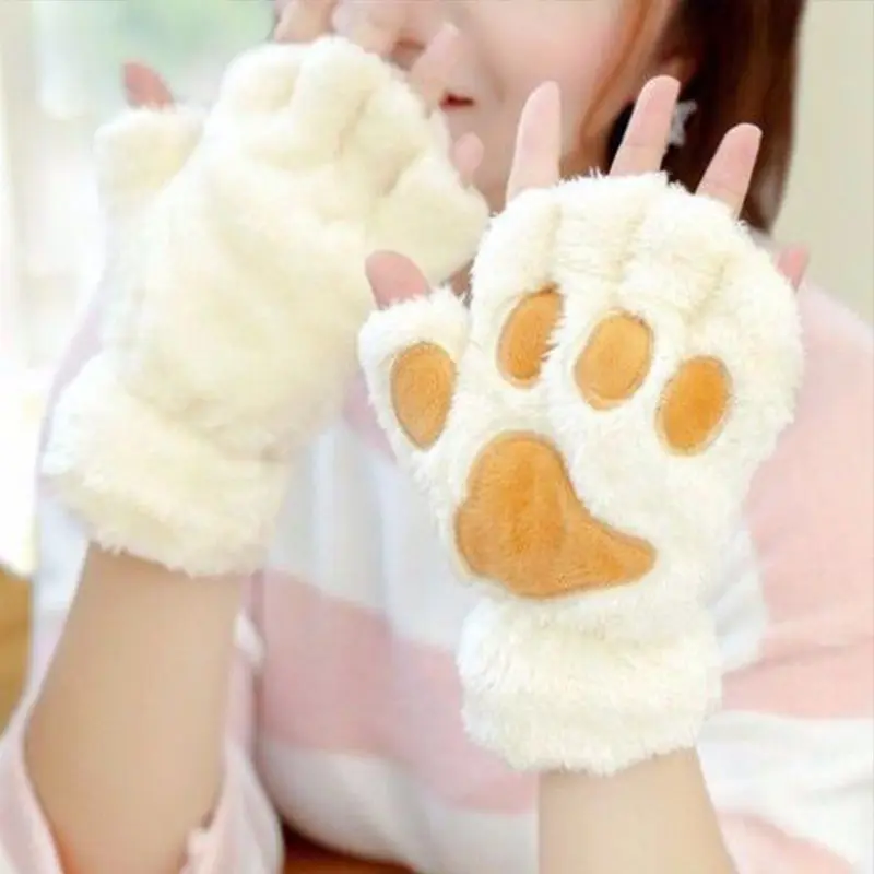 Cartoon Bear Paw Gloves for Women Winter Thick Plush Warm Half Finger Mittens Korean Cute Girls Outdoor Anti-Cold Riding Gloves
