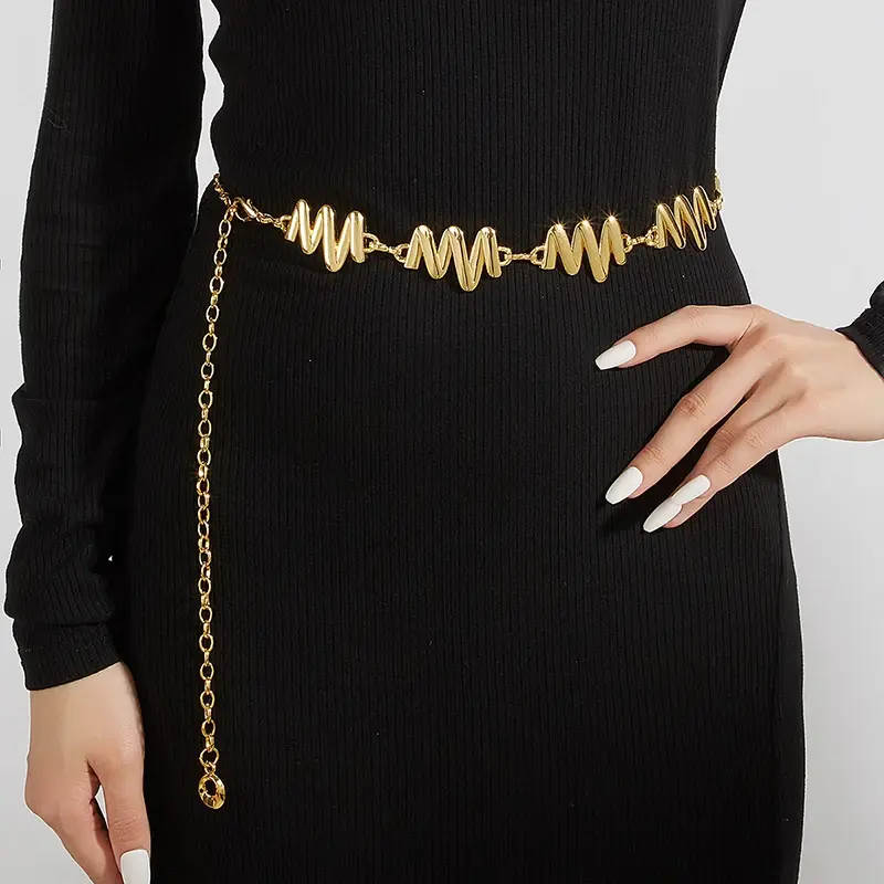 Metal Wave Waist Chains for Women Gold Silver Adjustable High Waist Thin Waistbands Lady Dress Decorative Straps