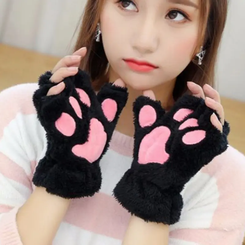 Cartoon Bear Paw Gloves for Women Winter Thick Plush Warm Half Finger Mittens Korean Cute Girls Outdoor Anti-Cold Riding Gloves