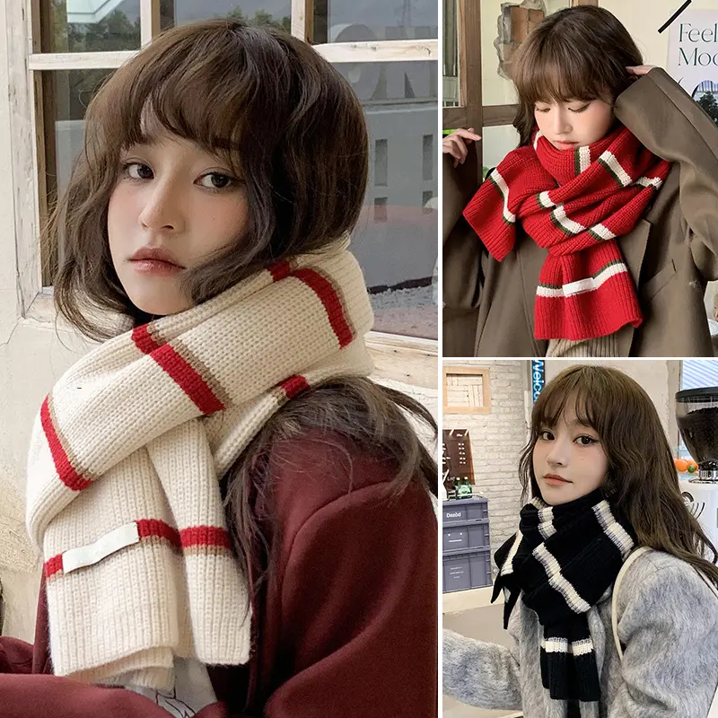 Korean Patchwork Scarf Winter Thicken Stripped Warm Knit Neckerchief Couple Travel Photography Props Anti-Cold Windproof Scarf