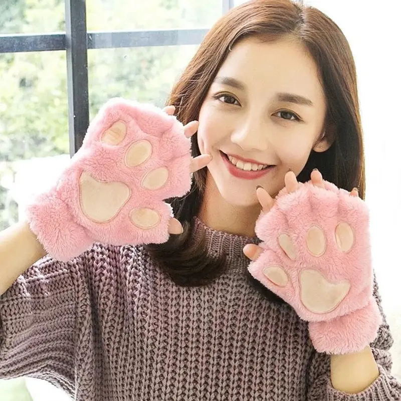 Cartoon Bear Paw Gloves for Women Winter Thick Plush Warm Half Finger Mittens Korean Cute Girls Outdoor Anti-Cold Riding Gloves