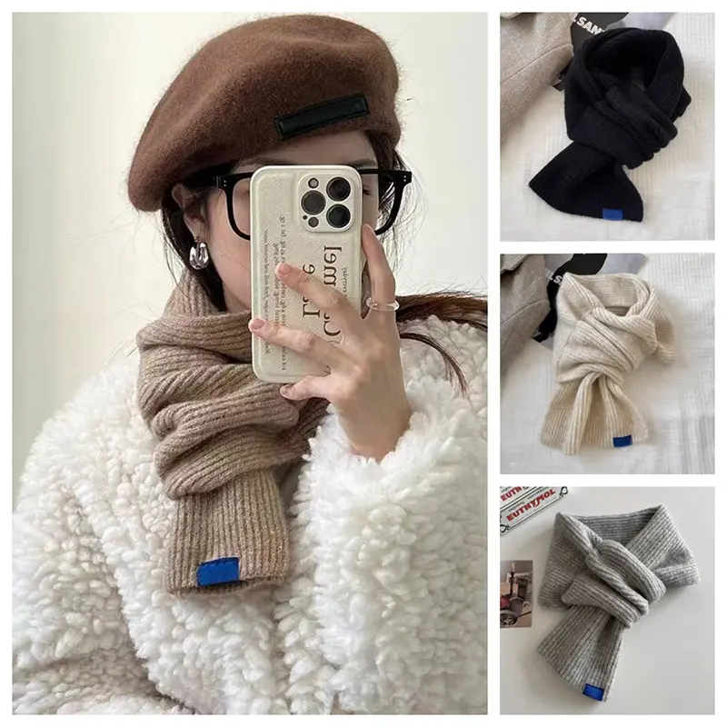 Solid Color Knit Scarf for Women Korean Thicken Outdoor Warm Windproof Short Neckerchief Winter Student Cross Woolen Scarf